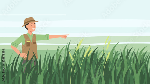 Farmer Points Towards Future Harvests in Rolling Fields Panorama View