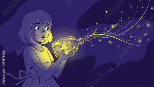 Enchanted Girl Releases Magical Fireflies From Glowing Jar Into Night Sky