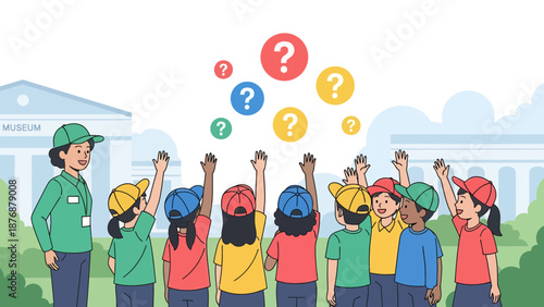 Enthusiastic Young Students Asking Questions During An Engaging Museum Tour