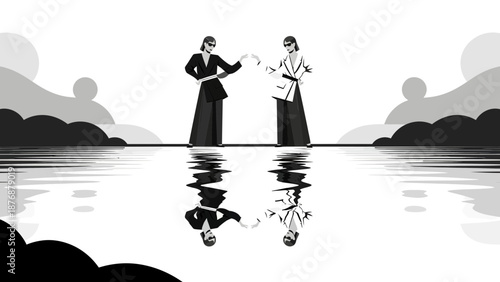 Fashionable Women Silhouettes Mirrored on Water Surface Minimalist Style Graphic