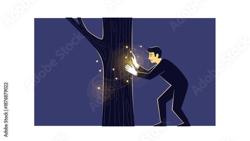 Enchanted Tree The Man Finds Magical Energies Nature Connection Concept Art