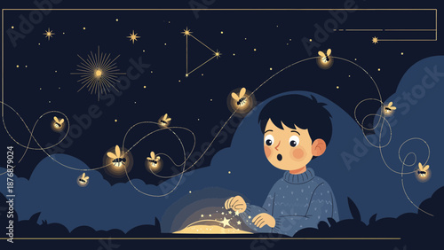 Enchanted Night Young Boy Discovering Magical World With Fireflies And Stars