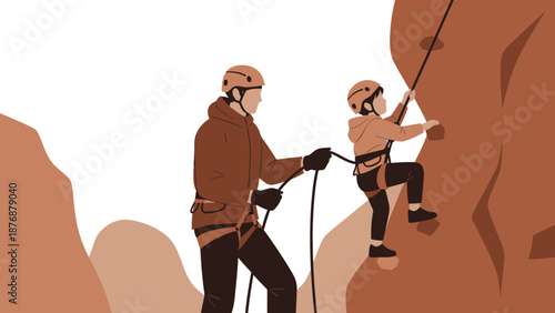 Father And Child Climbing Adventure Together On Natural Rock Formation Mountain