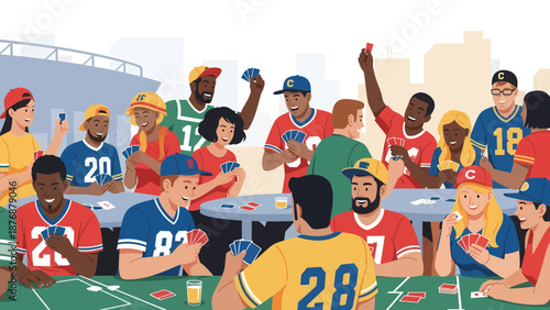 Excited Friends Gather to Play Cards and Relax Together in a Sporting Arena