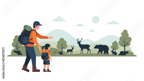 Father And Daughter Adventuring In Nature Observing Wildlife On A Sunny Day