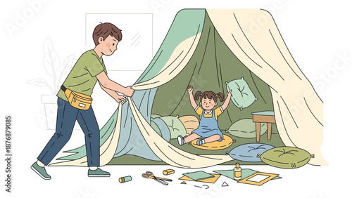 Father And Daughter Building An Indoor Tent Having Fun Together At Home