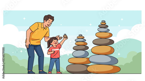 Father And Daughter Build Stone Towers Together In The Park Illustration
