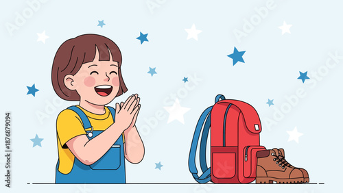 Excited Girl Clapping Hands Beside Backpack And Hiking Shoe On Starry Background