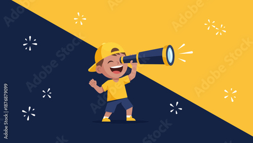 Excited Kid Explores The Future With A Spyglass And Bright Disposition