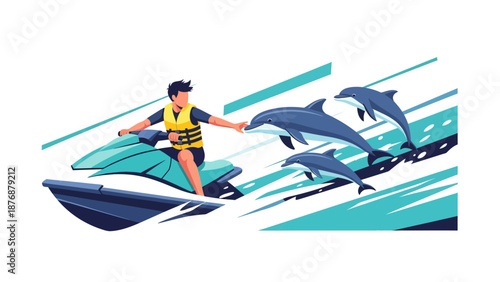 Exhilarating Water Adventures Man Jet Skiing Alongside Playful Dolphins