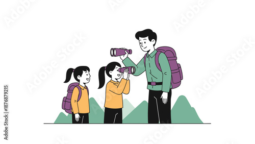 Father And Daughters Explore Nature With Binoculars During A Hiking Adventure