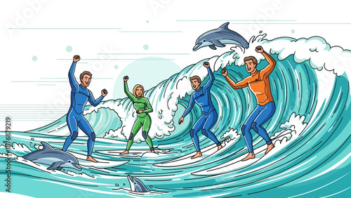 Exhilarating Surfing Adventure With Friends And Dolphins On A Beautiful Ocean Wave