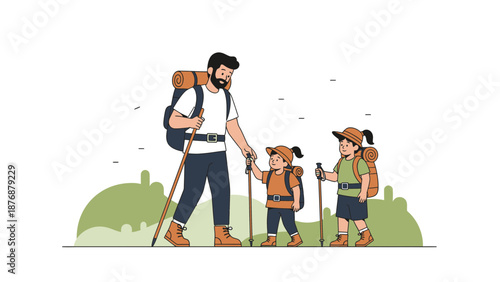 Father And Daughters Enjoying Outdoor Adventure Together On Hiking Trip