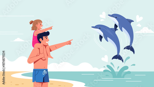 Father And Daughter Watch Dolphins Leaping From Ocean In Scenic Beach Scene