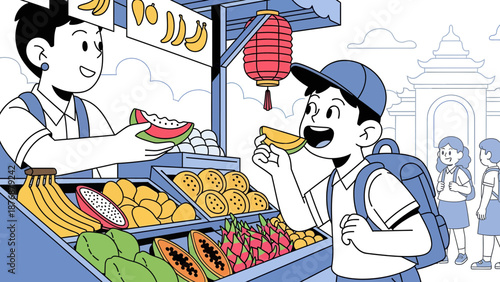 Exotic Fruit Temptation At Vietnamese Market Stall Under Traditional Lantern