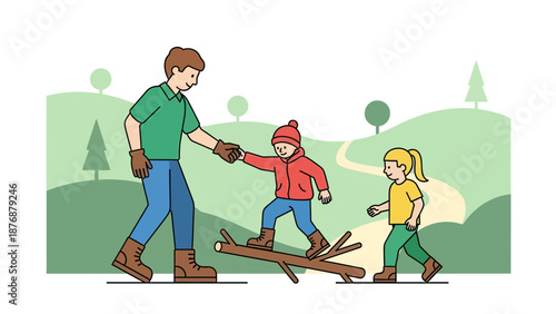 Father And Kids Enjoying An Outdoors Adventure Together In Nature Scene