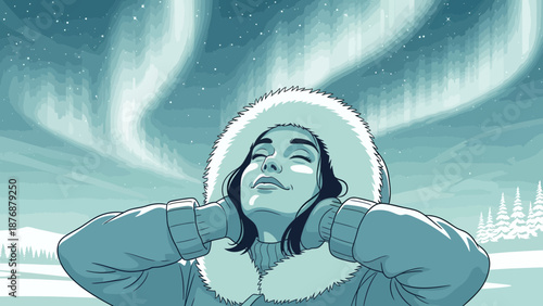 Experiencing Northern Lights Beautiful Woman In Winter Landscape Relaxing
