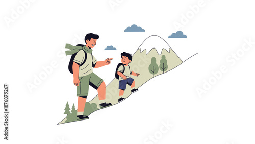 Father And Son Climbing Mountain Together Adventure And Quality Time