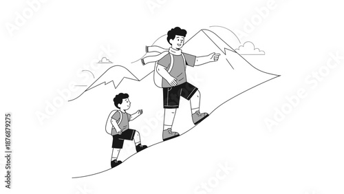 Father And Son Enjoying An Adventure Trip By Climbing A Mountain Together