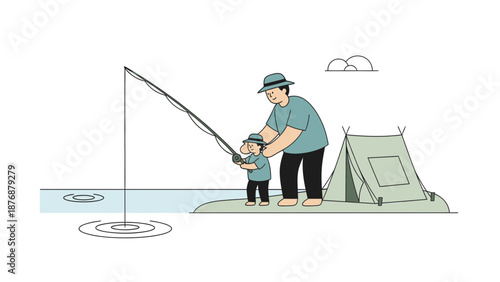 Father And Son Enjoying Fishing Trip In Nature Together Weekend Activity