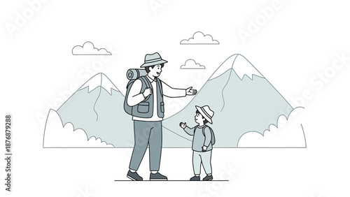 Father And Son Enjoying Scenic Mountain Hike Together In Nature Adventure