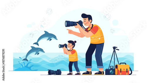 Father And Son Enjoying Sea Adventure Photographing Jumping Dolphins Together