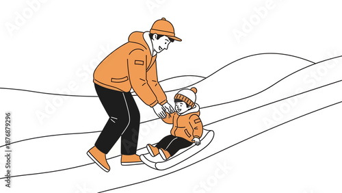 Father And Son Enjoying Sledding Together In Winter Landscape Illustration