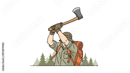 Explorer Lumberjack Chopping Wood In The Forest With Axe And Backpack