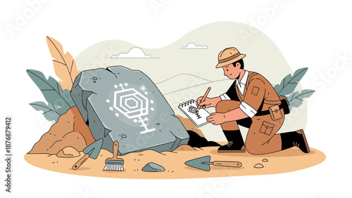 Explorer Documents Ancient Carvings On Rock Formation During An Archaeological Dig