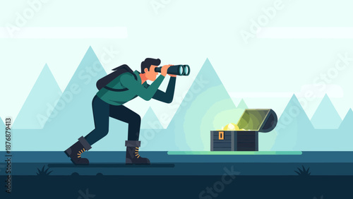 Explorer Discovers Treasure Chest With Binoculars Amidst Mountainous Landscape