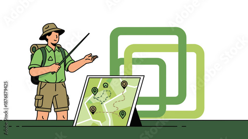 Explorer Planning A Route Adventure Using Navigation Map Before Hiking Trip