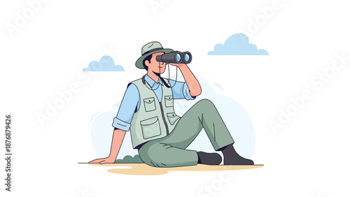 Explorer Man With Binoculars Observing Wildlife Adventure In Outdoor Expedition