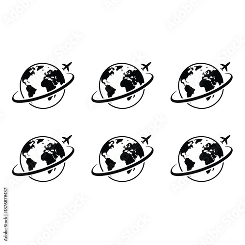 Globes with airplanes circling them a repeated travel icon pattern