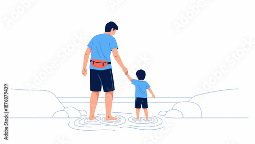 Father And Son Spending Quality Time Together In Nature Walking In Water