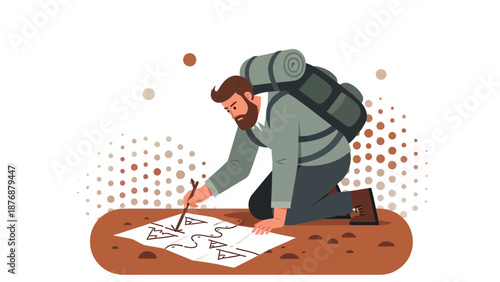 Explorer Planning Adventure: Bearded Man with Backpack Mapping Journey on Ground