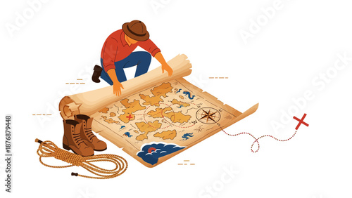 Explorer Planning Adventures With Antique Map Of Secret Treasure On Isolated White Backdrop