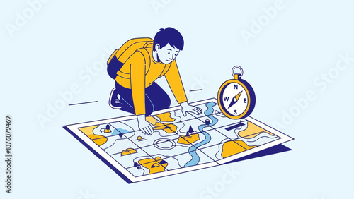 Explorer Planning His Route With Map And Compass For An Adventure
