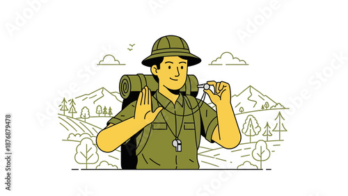 Explorer Ready To Signal During Outdoor Adventure Trip Line Art Illustration