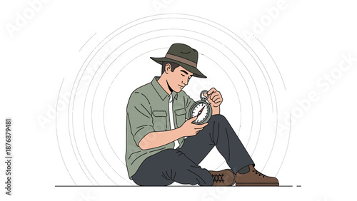 Explorer Ponders Direction With Vintage Compass In Contemplative Cartoon Illustration