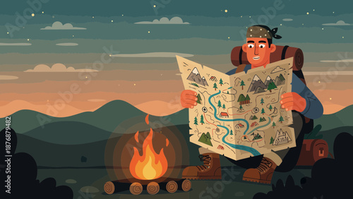 Explorer Reading Topographic Chart By Campfire At Dusk Landscape Adventure Illustration
