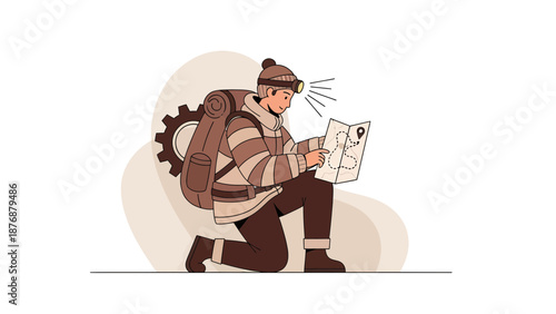 Explorer Reads Map Seeking New Directions In Outdoors Adventure Or Trekking