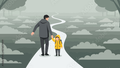 Father And Son Walking Together On Foggy Path Outdoor During Autumn Season