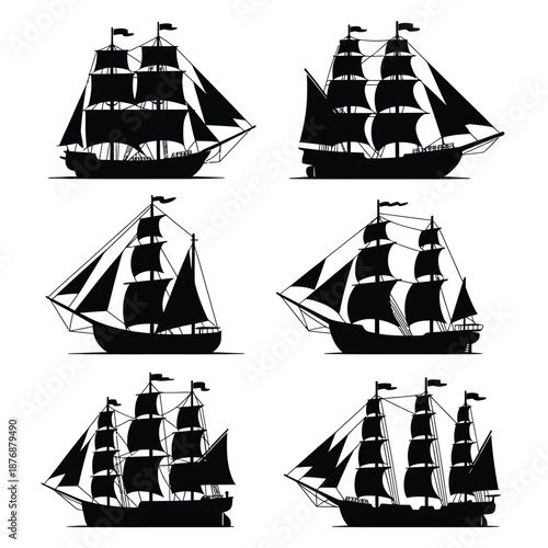 Silhouette collection of vintage sailing ships and detailed nautical vessels