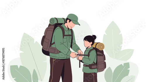 Father Helping Daughter With Backpack On Family Hiking Adventure Illustration