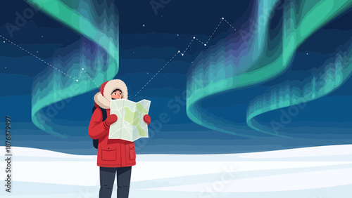 Explorer Seeks Directions Under Shimmering Aurora Borealis Northern Lights Scene