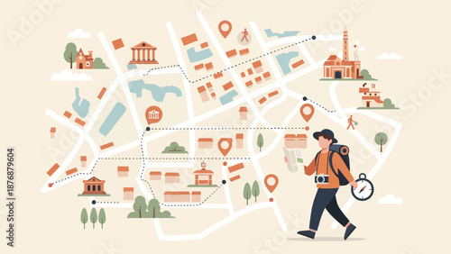 Exploring City Tourist Attractions With Map And Landmarks Vector Illustration