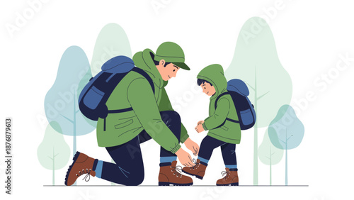 Father Tying Son's Shoelaces On A Hiking Trip Amidst Serene Natural Scenery