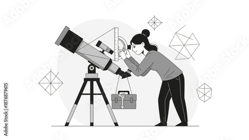 Exploring Cosmic Wonders A Woman Observing Celestial Objects Through A Telescope