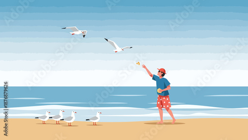 Feeding Seagulls At The Beach On A Sunny Day Summer Getaway Vacation