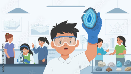 Exploring Geology Students Examining Minerals in Science Classroom